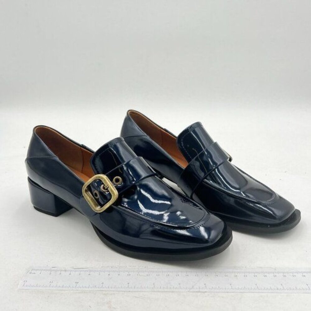 YDN Women Square Toe Heeled Loafers Slip on Block Low Heel Pumps Buckle Fashion